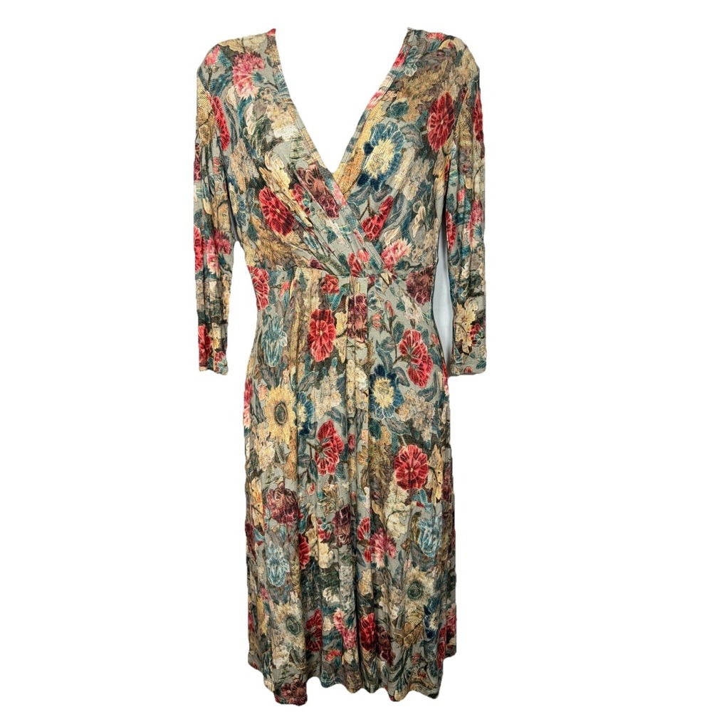 Peruvian Connection Fontinelle Dress Floral V Neck 3/4 Sleeve XS Boho Midi
